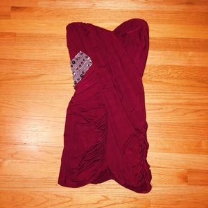 Red strapless dress with gray and embellishments